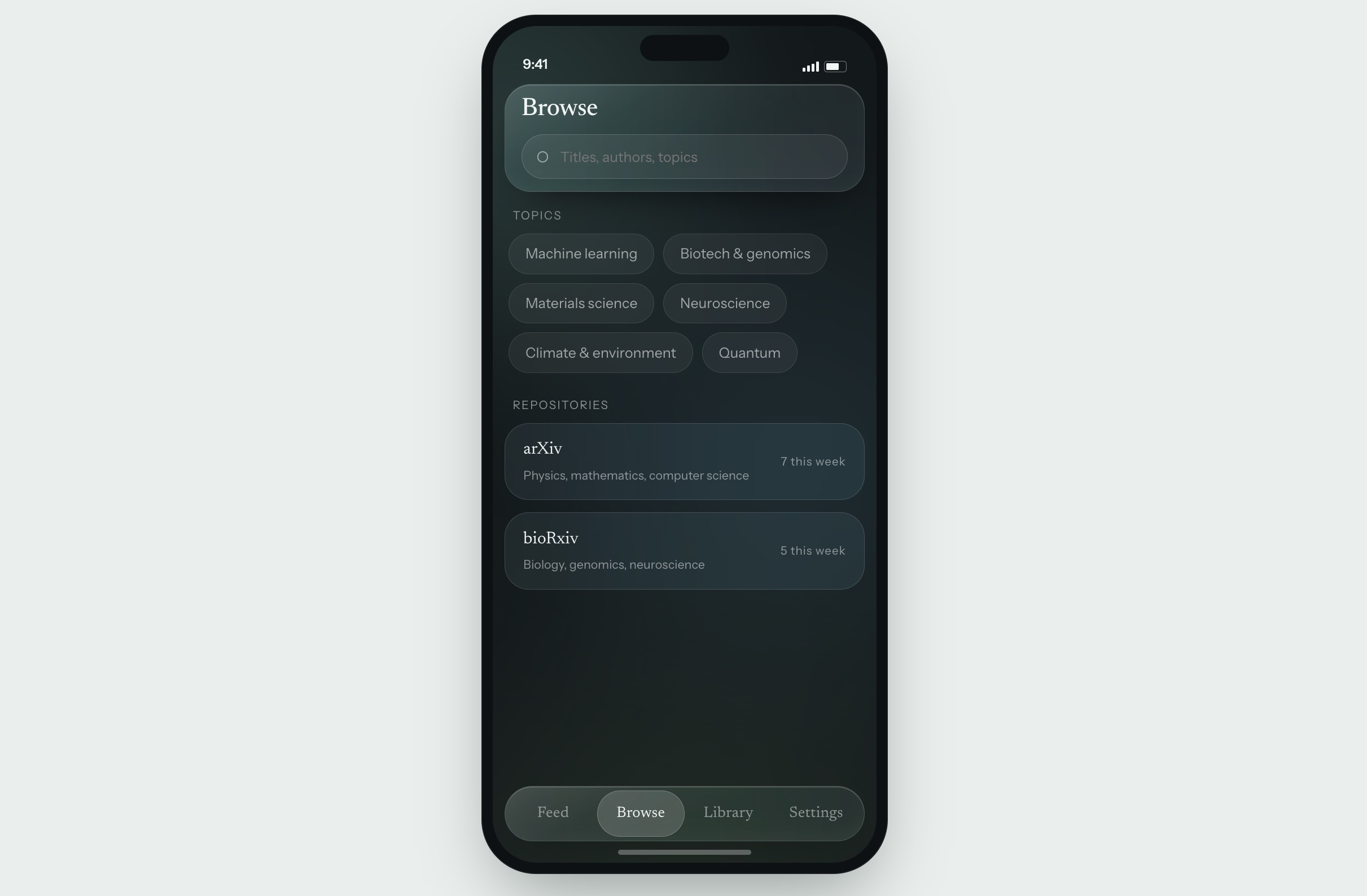 AntiScroll Browse tab in dark mode, with topics and repositories