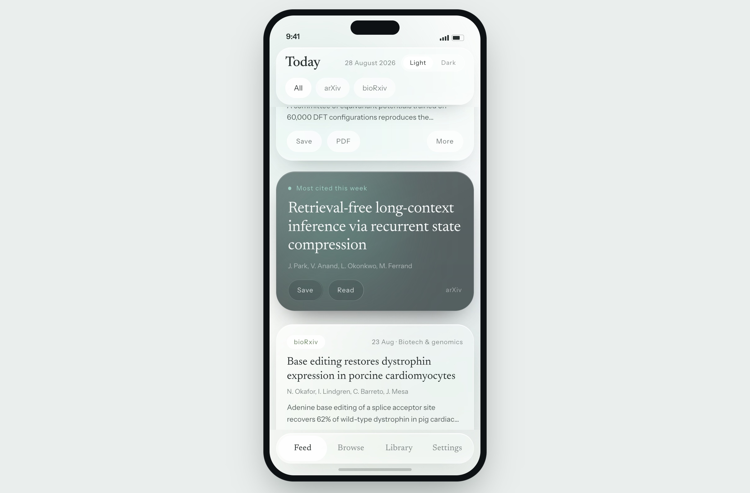 AntiScroll feed in light mode, scrolled to a featured most-cited card