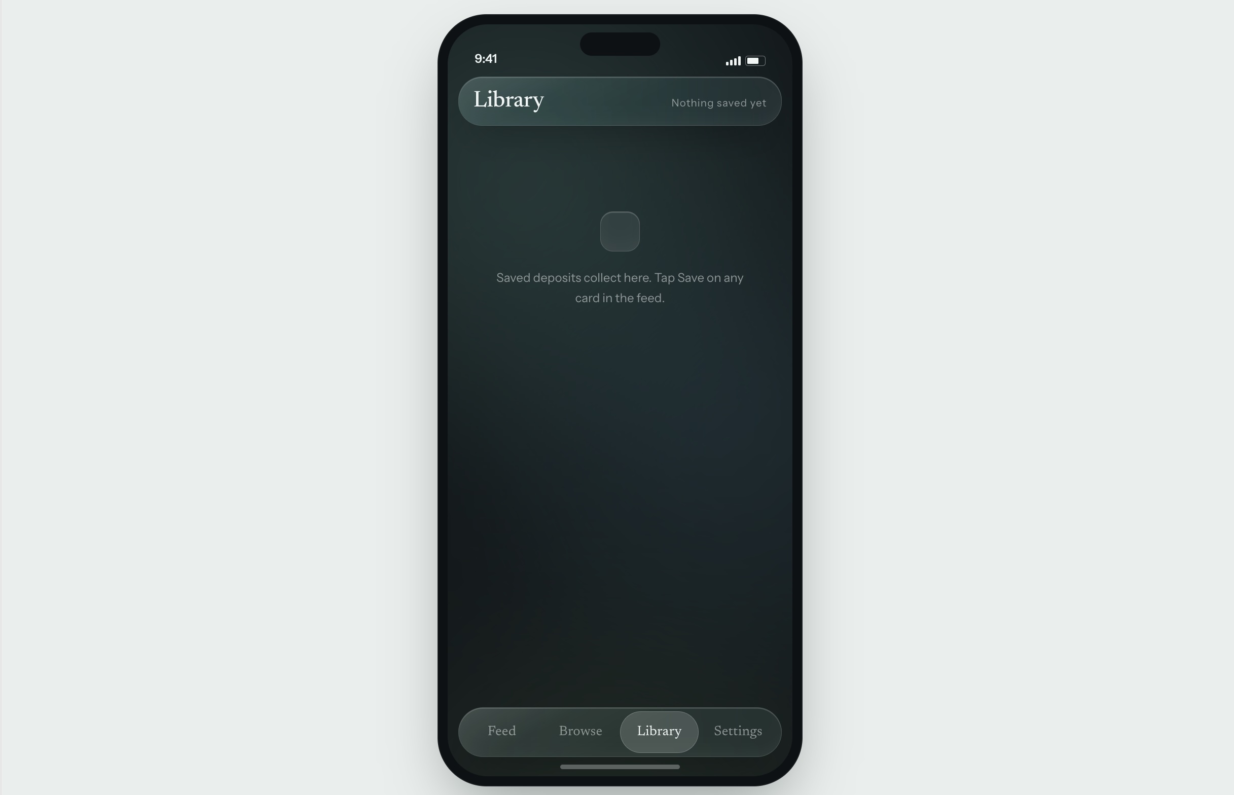AntiScroll Library tab in dark mode, empty state