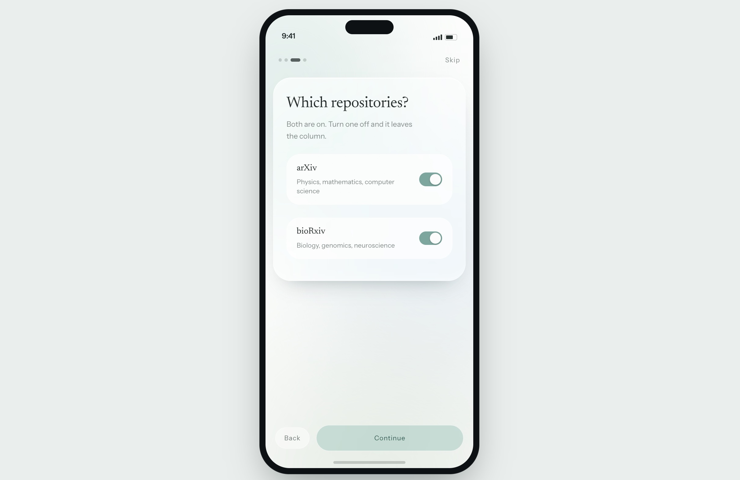 AntiScroll onboarding — choosing arXiv and bioRxiv repositories