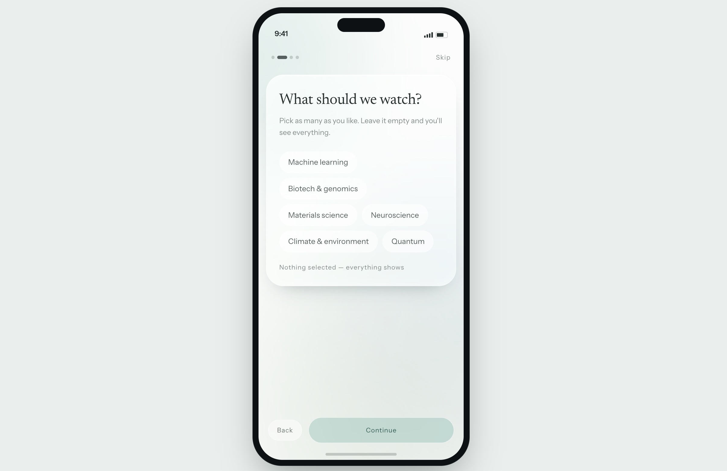 AntiScroll onboarding — topic picker for what should we watch