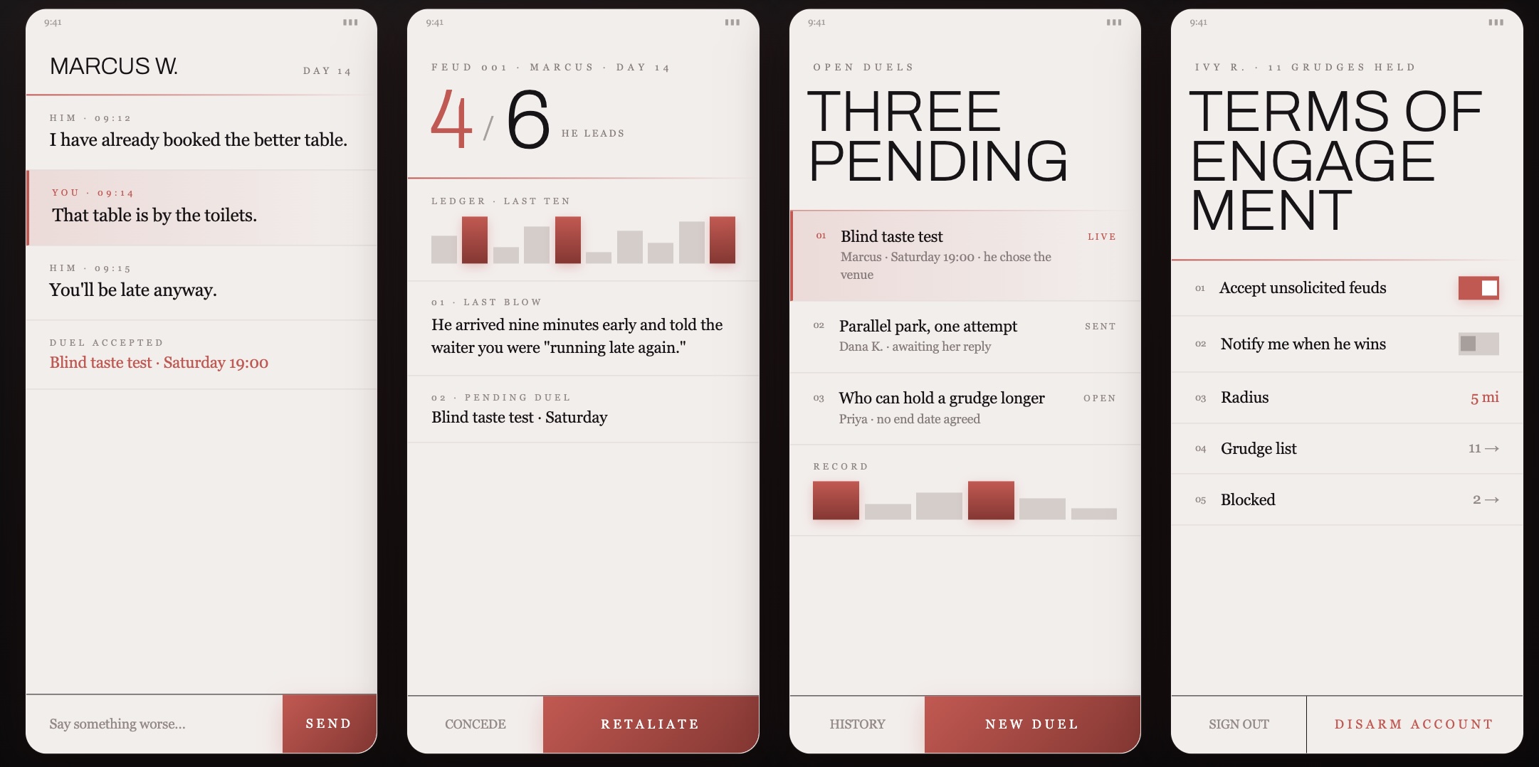 Nemesis app — feud messaging thread, ledger, pending duels, and terms of engagement
