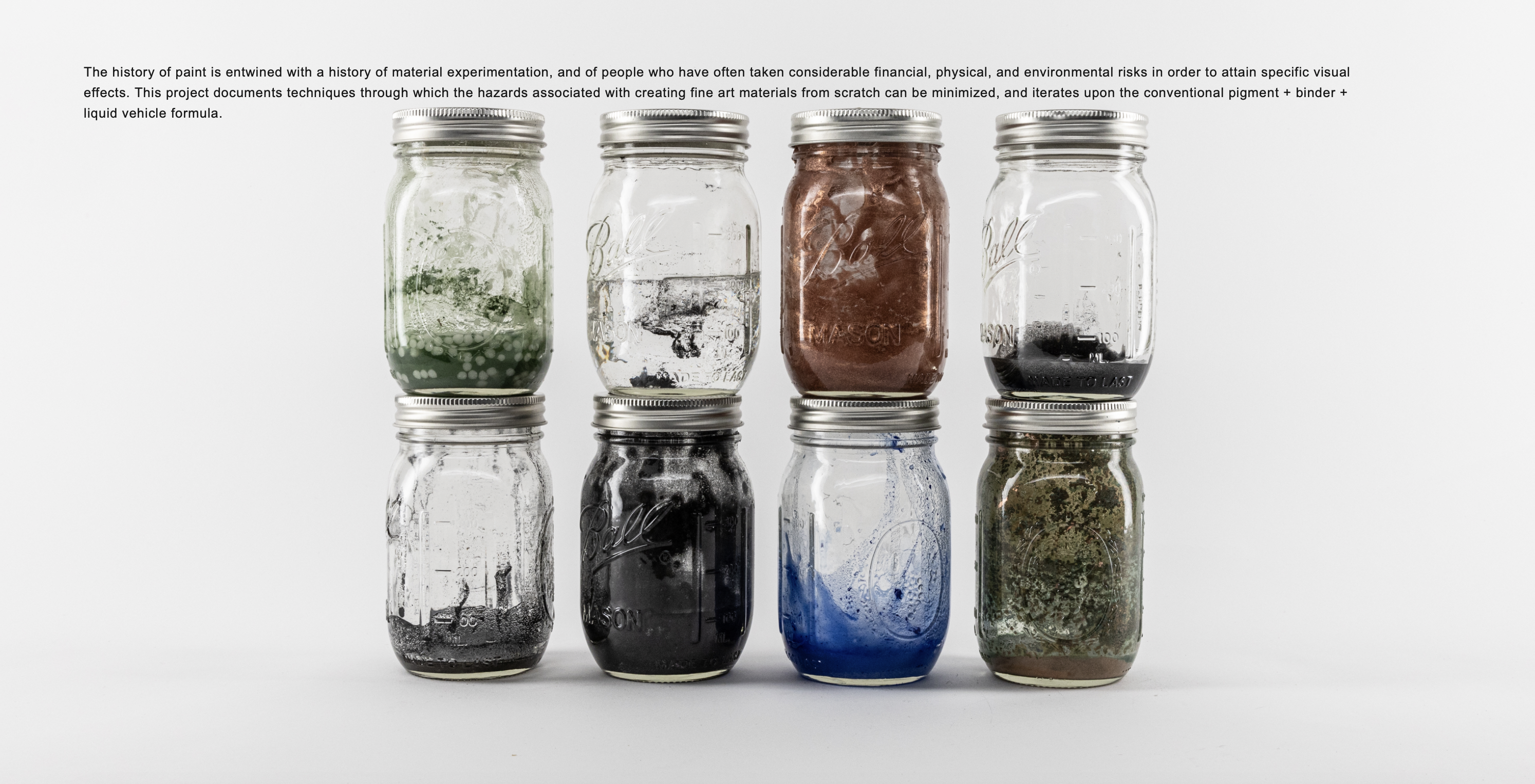 Rows of jarred pigment and paint experiments