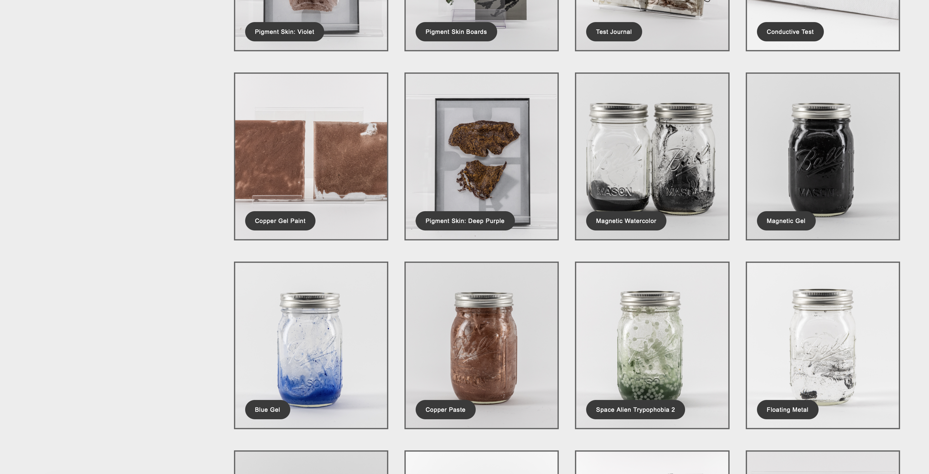 Archive catalog grid — pigment skins, magnetic paints, gels