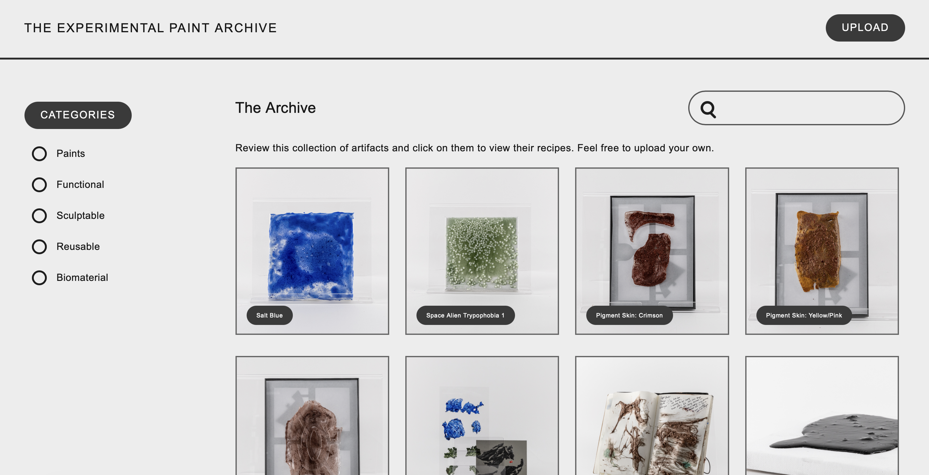 The Experimental Paint Archive website — browsable catalog