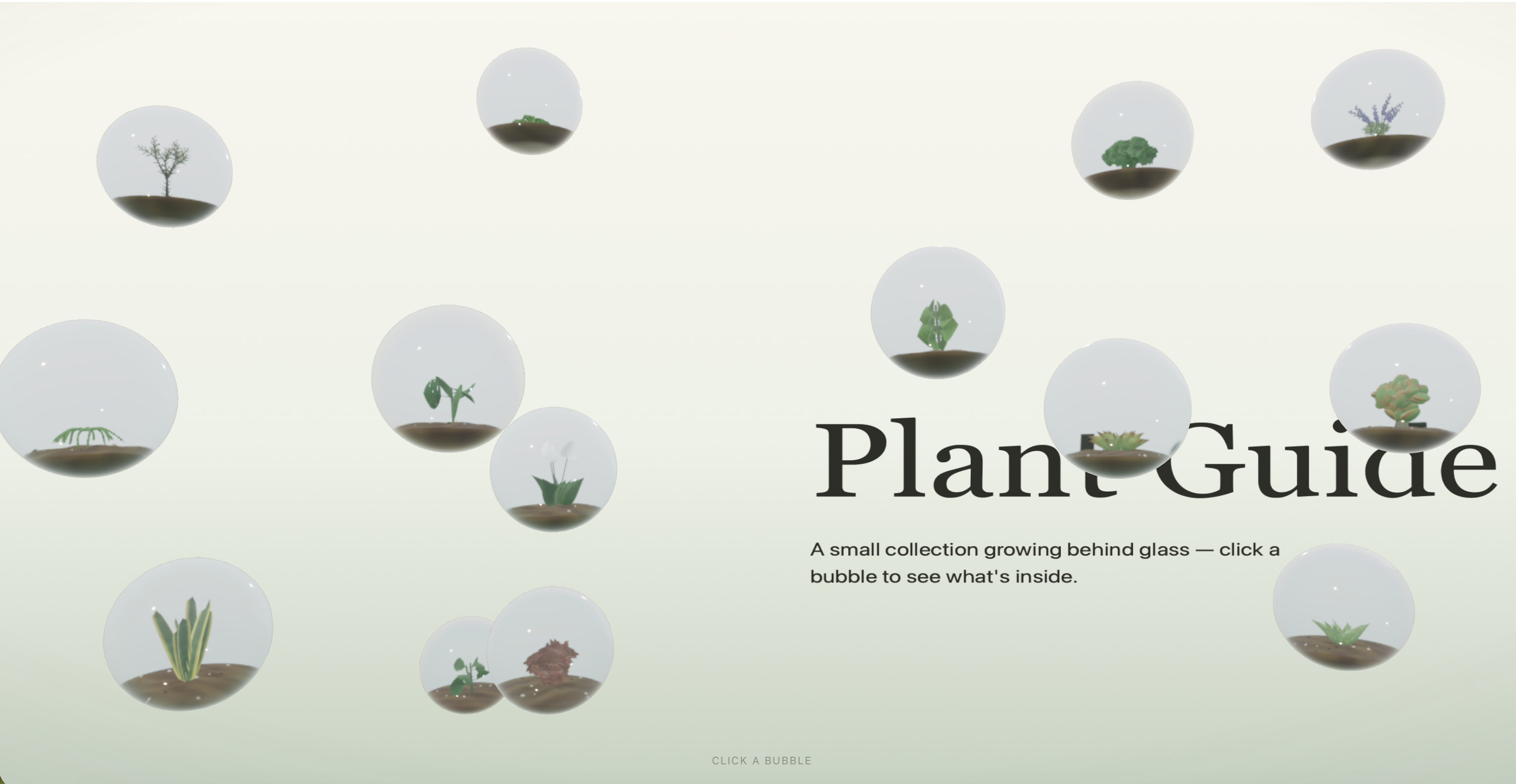 Plant Guide overview, plants behind glass bubbles