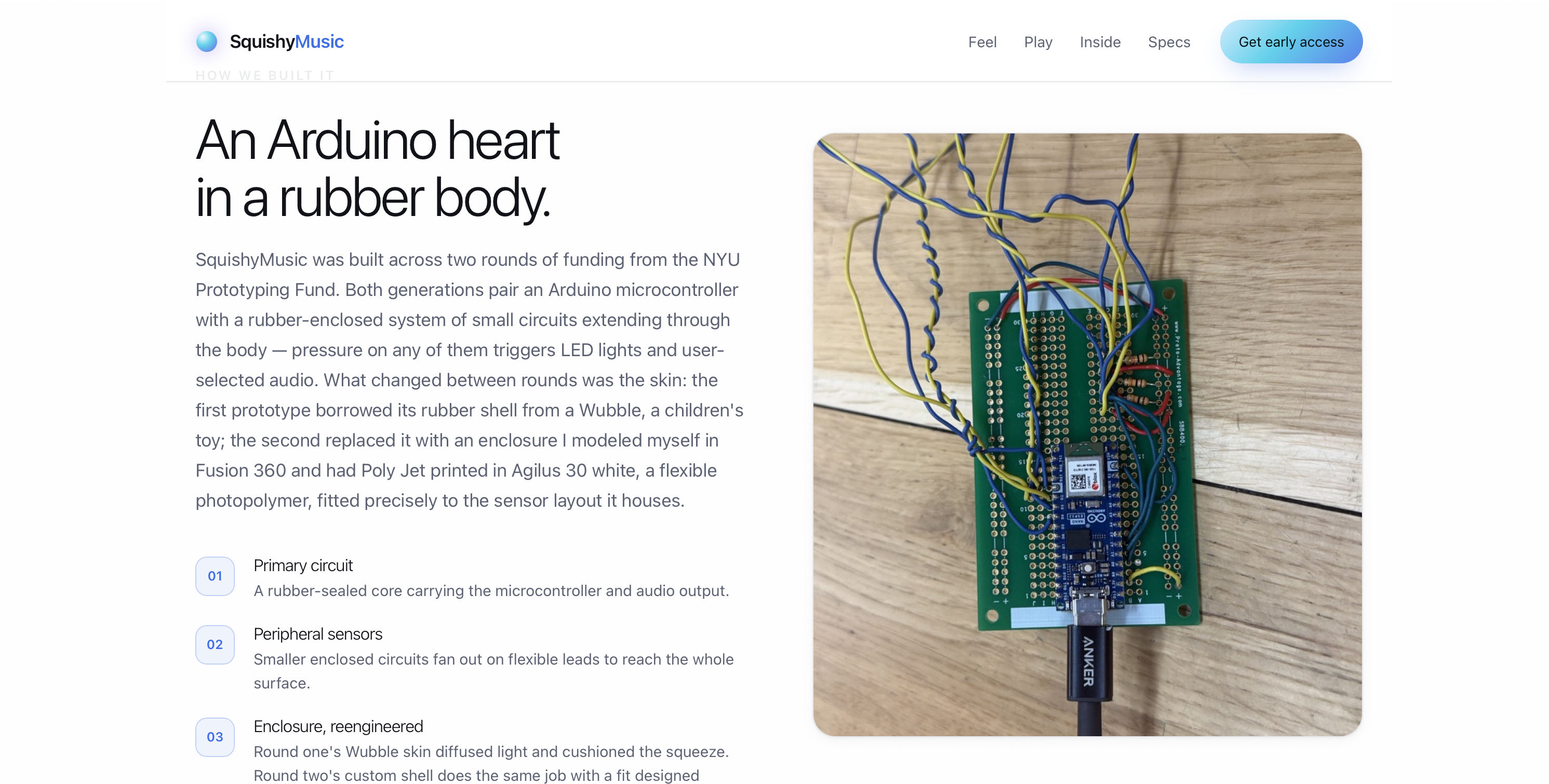 SquishyMusic site — build explainer with circuit photo